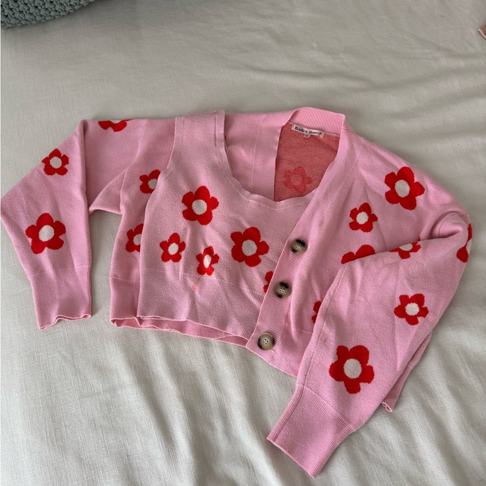 Floral Pink Sweater Cardigan Set